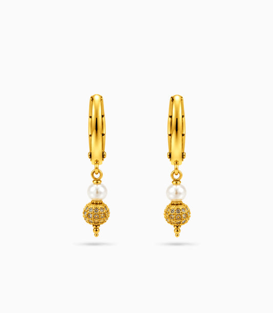 Gold Plated Mini Pearl & Sphere Hoop Earrings