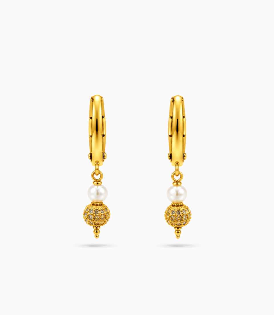 Gold Plated Mini Pearl & Sphere Hoop Earrings