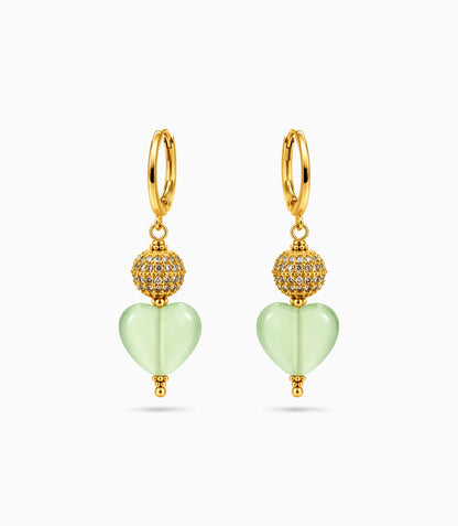 Gold Plated Sphere & Olive Green Heart Hoop Earrings
