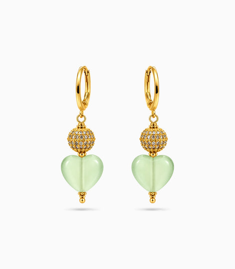 Gold Plated Sphere & Olive Green Heart Hoop Earrings