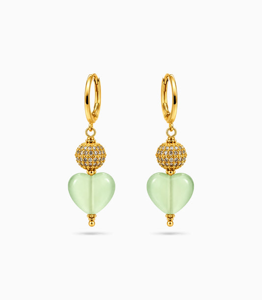 Gold Plated Sphere & Olive Green Heart Hoop Earrings
