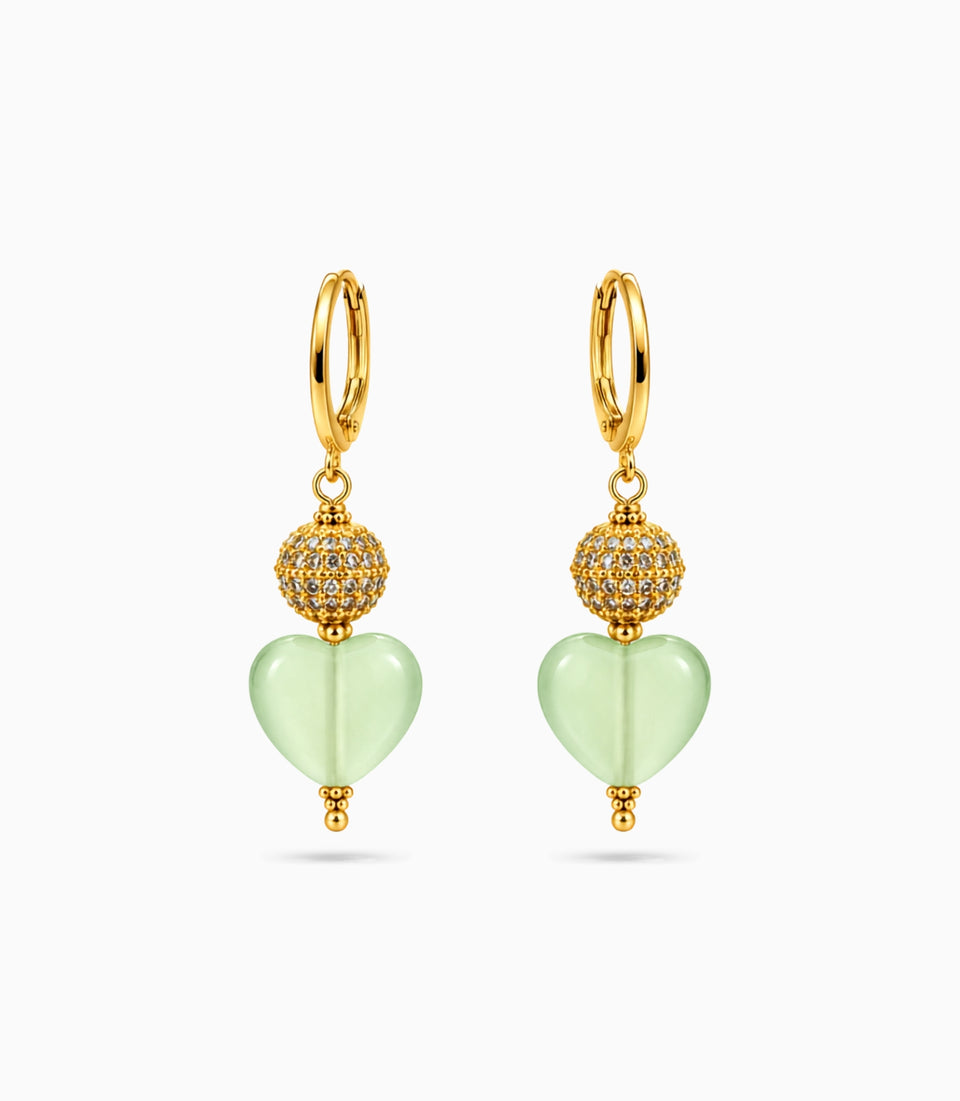Gold Plated Sphere & Olive Green Heart Hoop Earrings