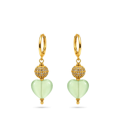 Gold Plated Sphere & Olive Green Heart Hoop Earrings