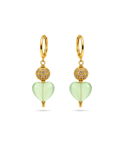 Gold Plated Sphere & Olive Green Heart Hoop Earrings