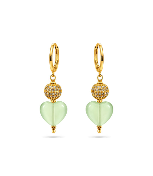 Gold Plated Sphere & Olive Green Heart Hoop Earrings