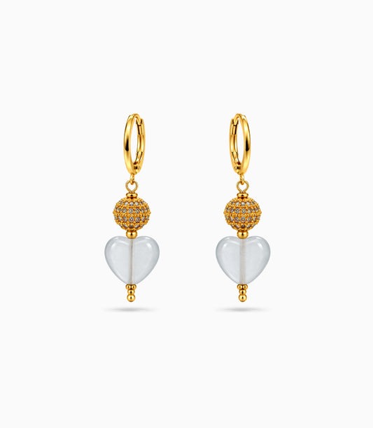 Gold Plated Sphere & Frosted White Hoop Earrings