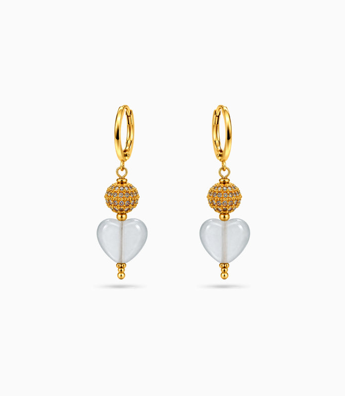 Gold Plated Sphere & Frosted White Hoop Earrings
