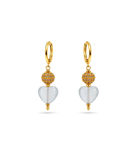 Gold Plated Sphere & Frosted White Hoop Earrings