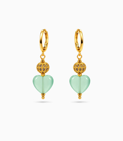 Gold Plated Sphere & Mint Green Heart Hoop Earrings