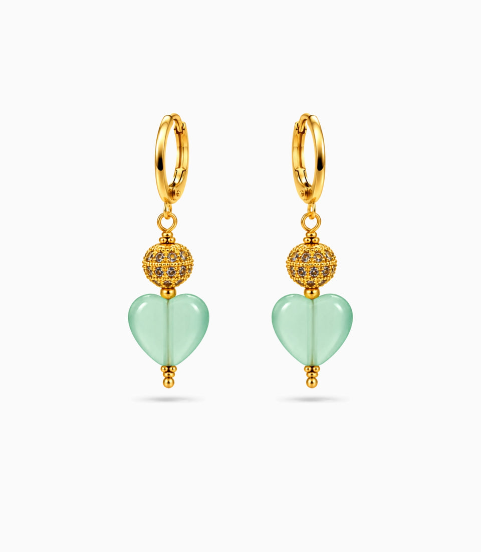 Gold Plated Sphere & Mint Green Heart Hoop Earrings