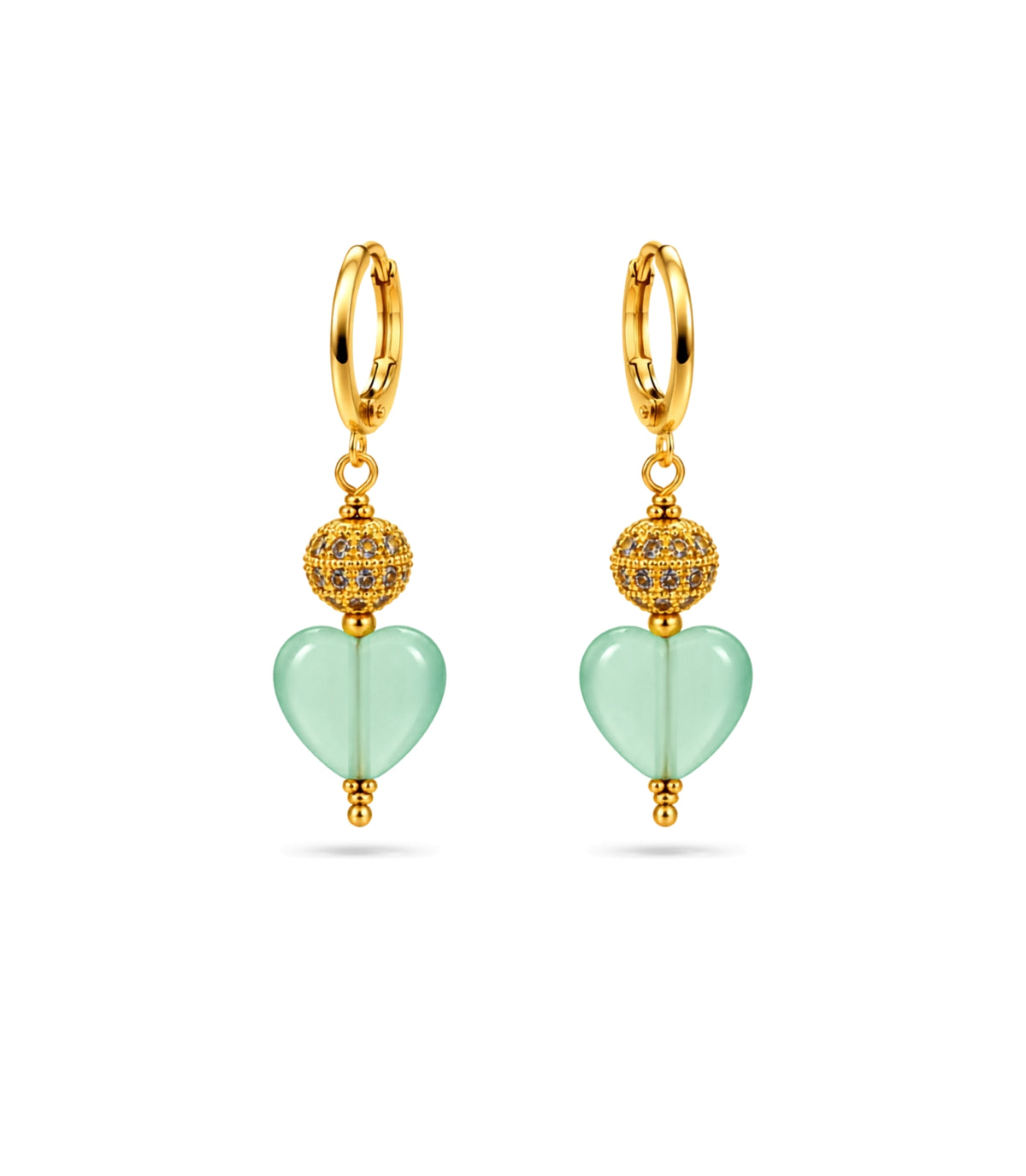 Gold Plated Sphere & Mint Green Heart Hoop Earrings