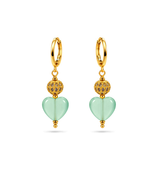 Gold Plated Sphere & Mint Green Heart Hoop Earrings