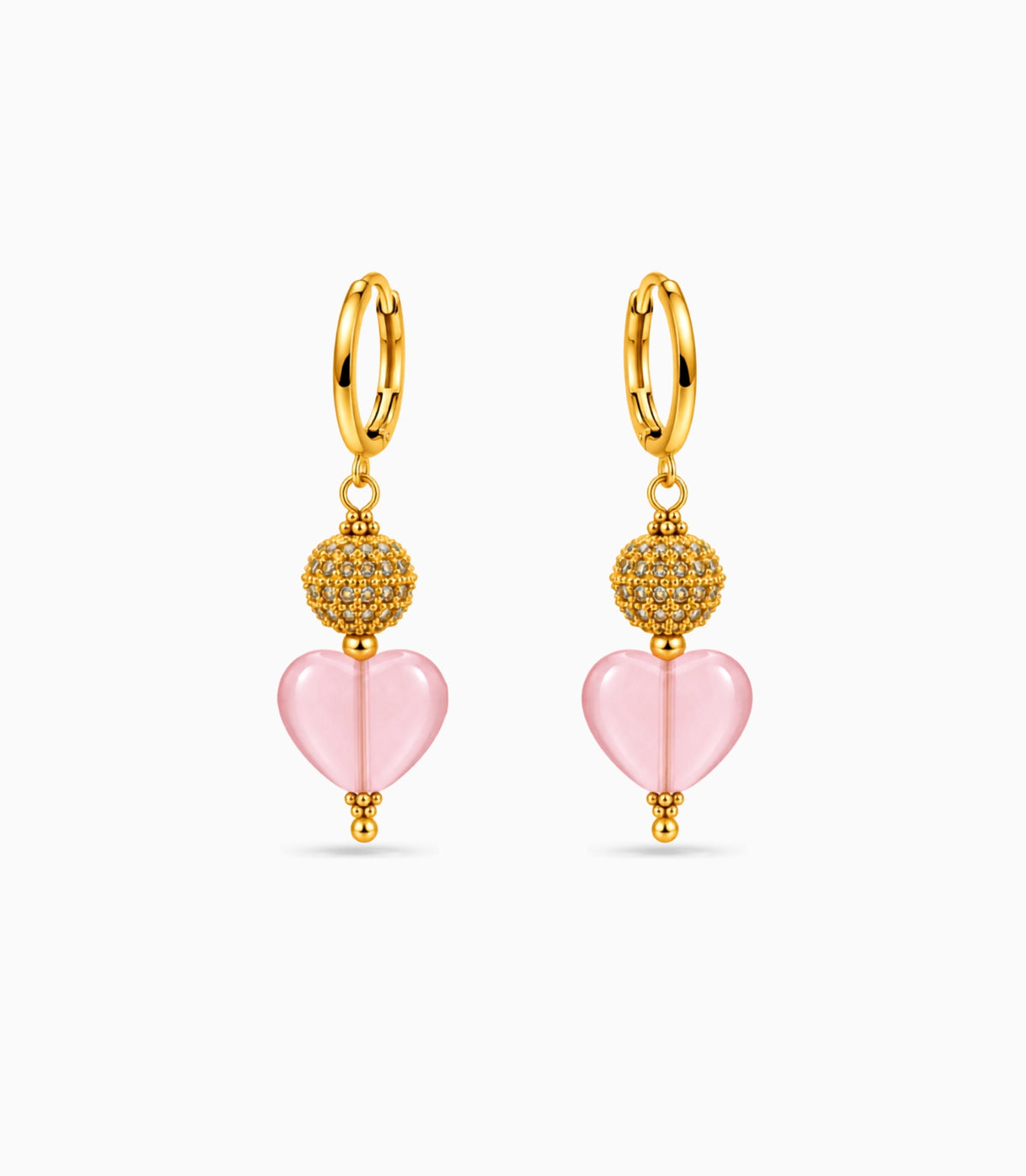 Gold Plated Sphere & Pink Heart Hoop Earrings