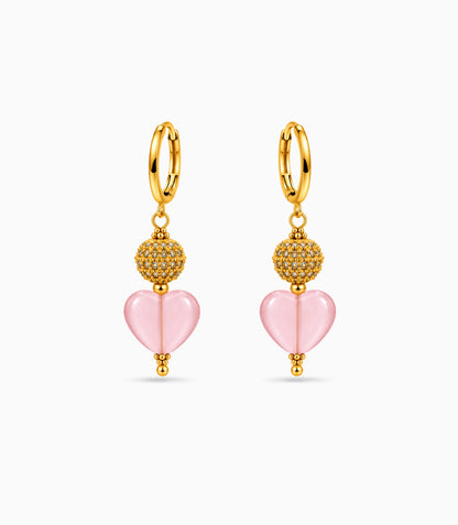 Gold Plated Sphere & Pink Heart Hoop Earrings
