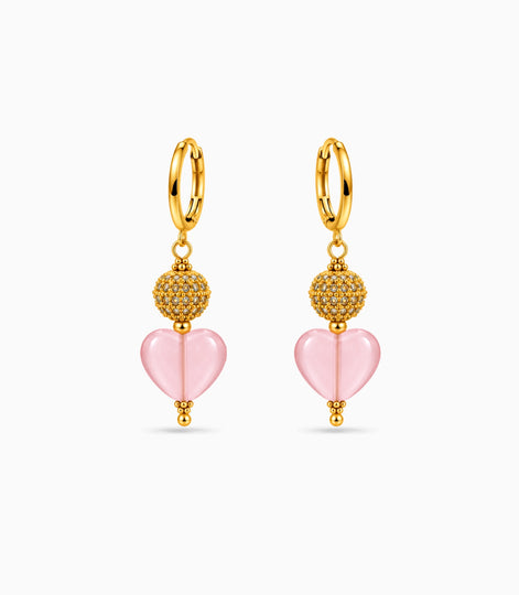 Gold Plated Sphere & Pink Heart Hoop Earrings