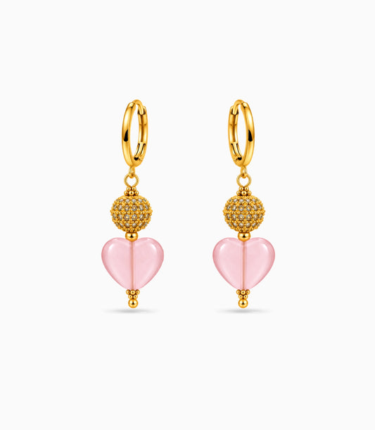 Gold Plated Sphere & Pink Heart Hoop Earrings