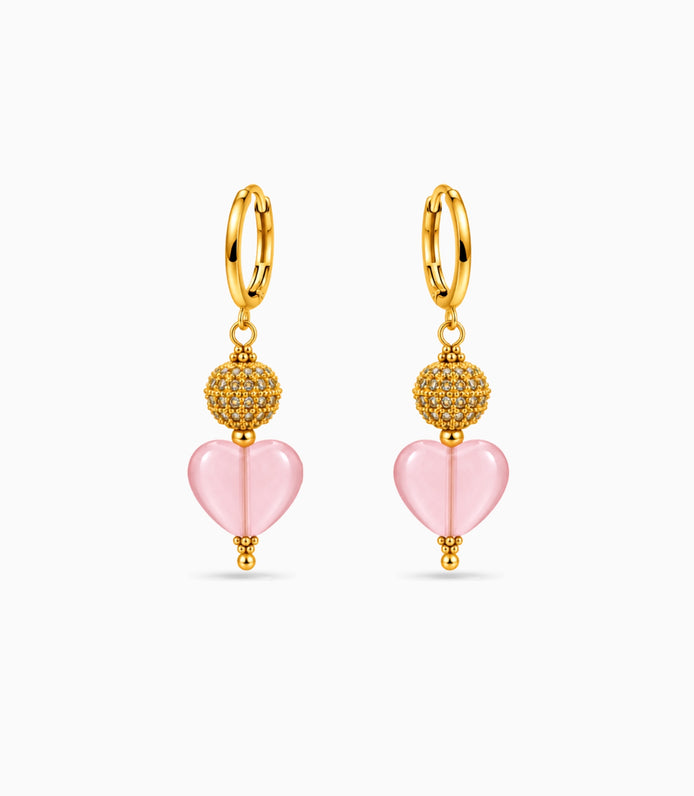 Gold Plated Sphere & Pink Heart Hoop Earrings