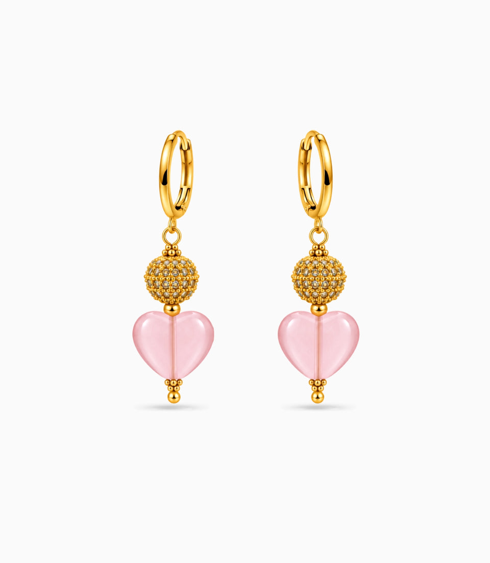 Gold Plated Sphere & Pink Heart Hoop Earrings