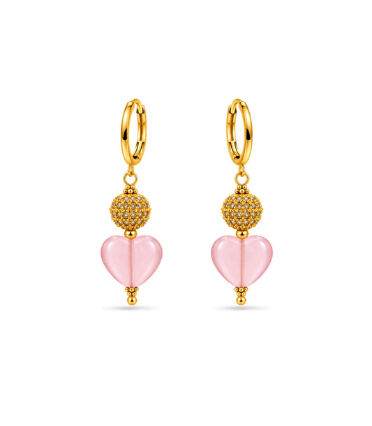 Gold Plated Sphere & Pink Heart Hoop Earrings