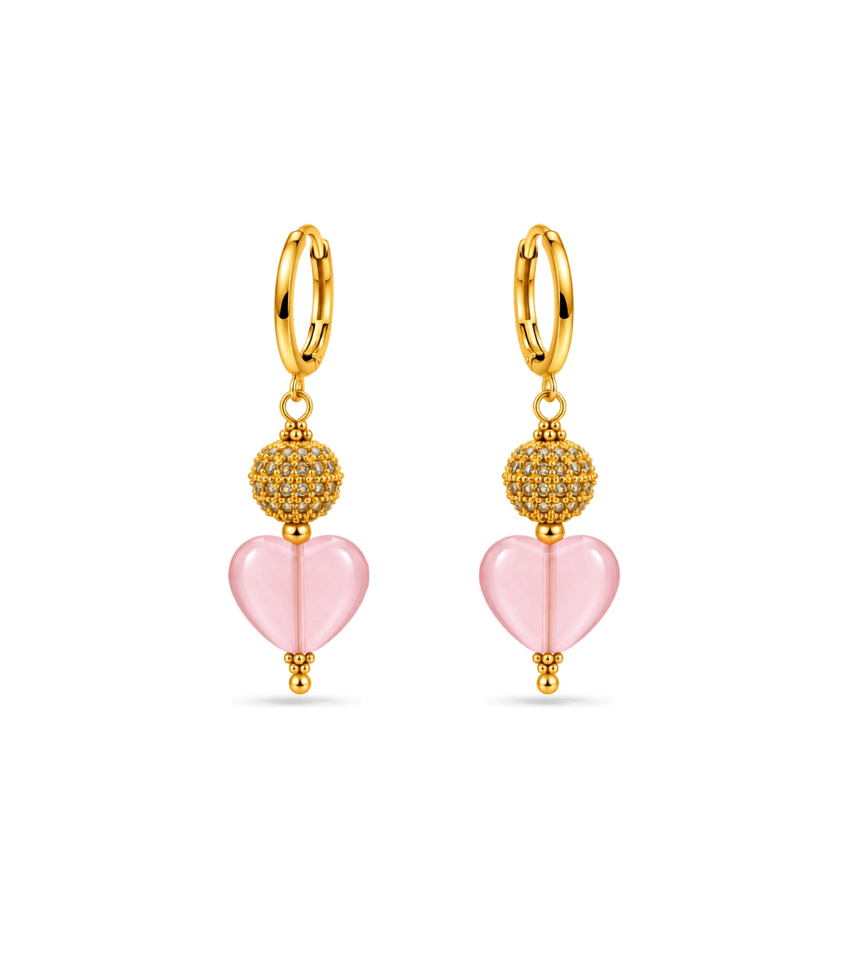 Gold Plated Sphere & Pink Heart Hoop Earrings