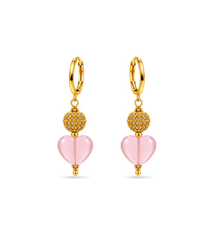 Gold Plated Sphere & Pink Heart Hoop Earrings
