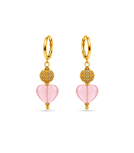 Gold Plated Sphere & Pink Heart Hoop Earrings