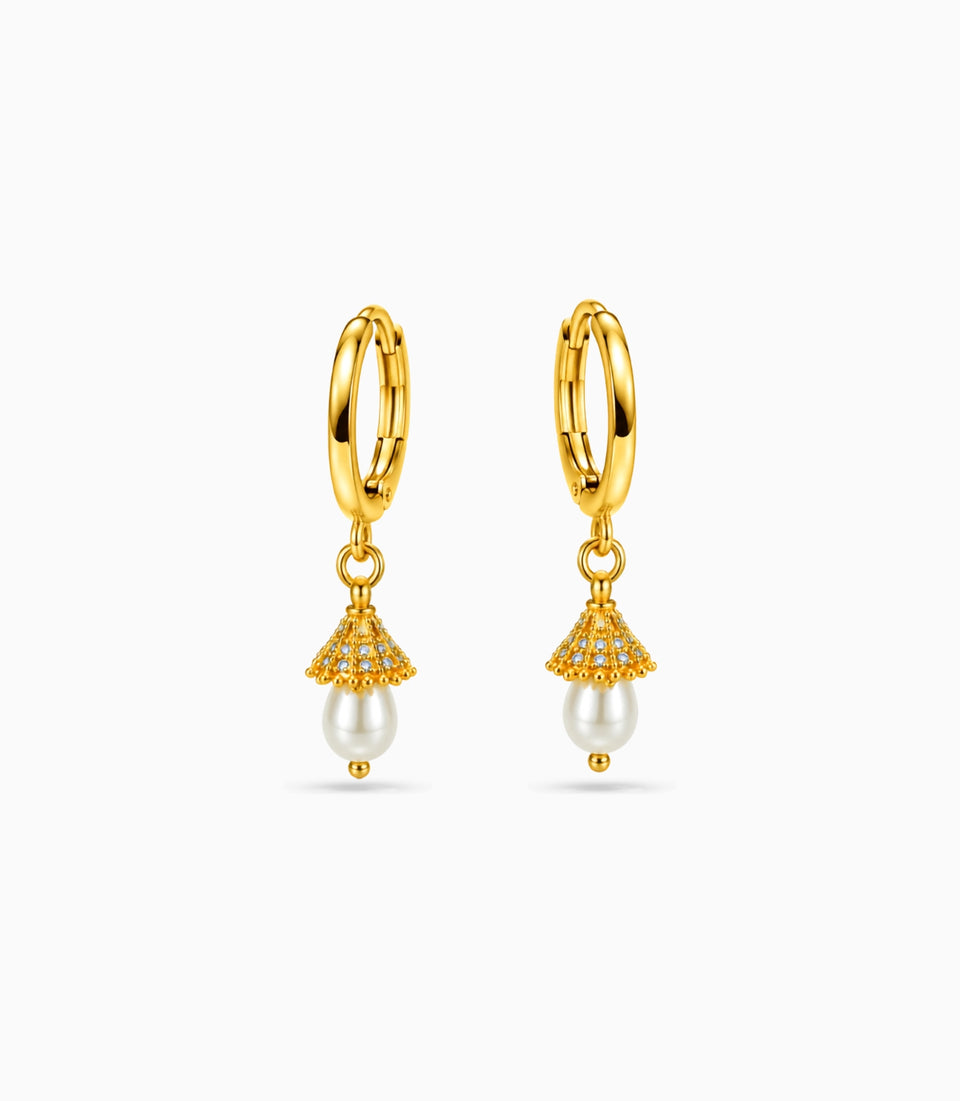 Gold Plated Conical Filigree Pearl Hoop Earrings