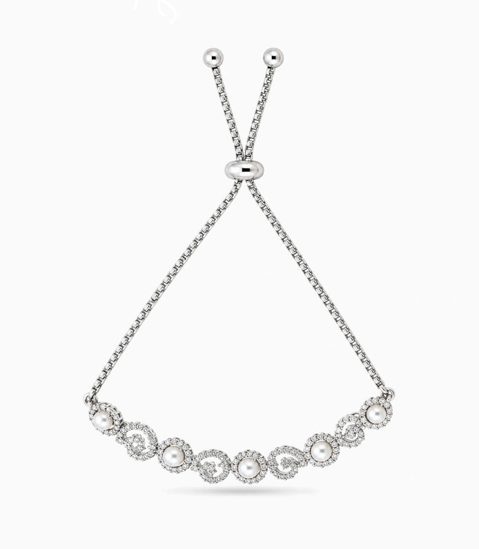 Rhodium Plated Pearl Lustrous Bolo Bracelet