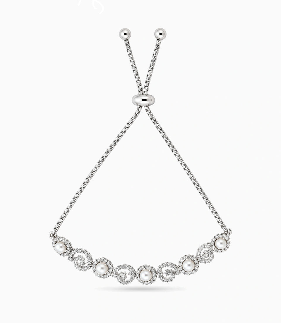Rhodium Plated Pearl Lustrous Bolo Bracelet