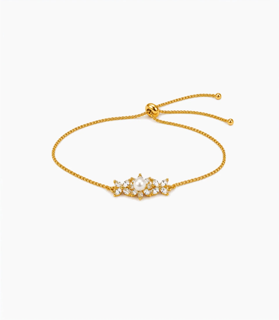 Gold Plated Pearl Floral Bolo Bracelet