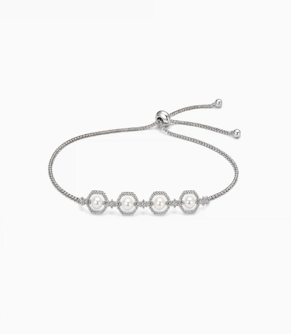 Rhodium Plated Pearl Bolo Bracelet