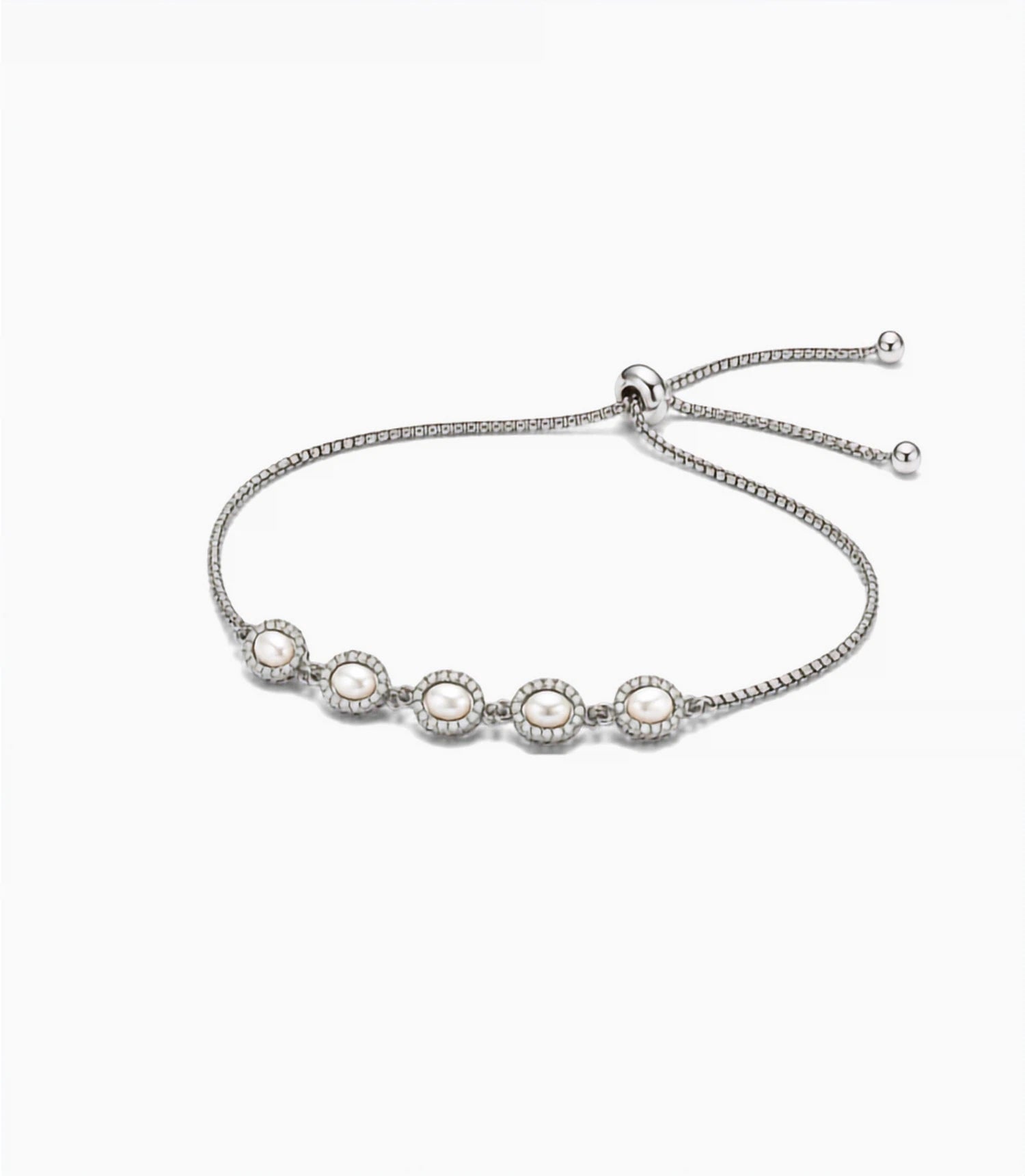 Rhodium Plated Oval Pearl Bolo Bracelet