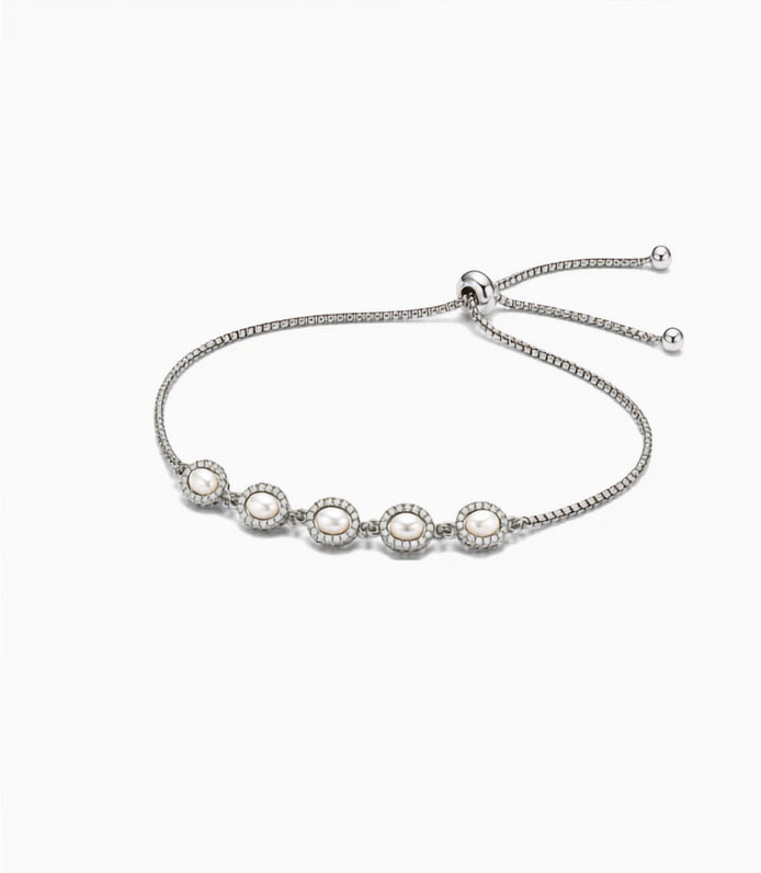 Rhodium Plated Oval Pearl Bolo Bracelet