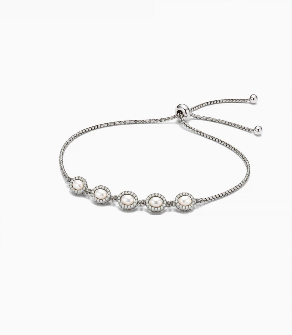 Rhodium Plated Oval Pearl Bolo Bracelet