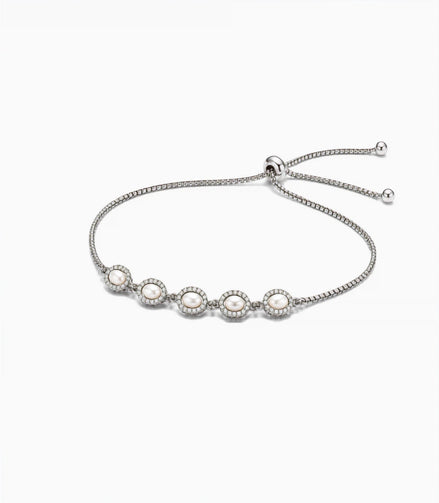 Rhodium Plated Oval Pearl Bolo Bracelet