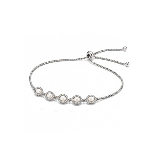 Rhodium Plated Oval Pearl Bolo Bracelet