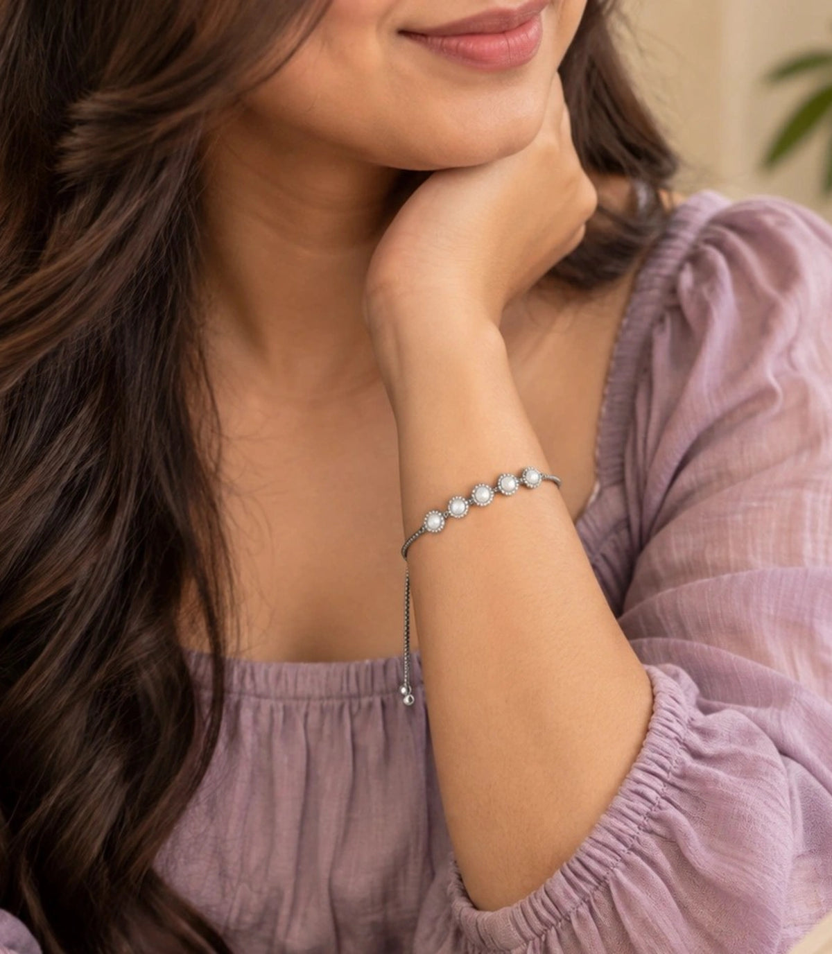 Rhodium Plated Oval Pearl Bolo Bracelet