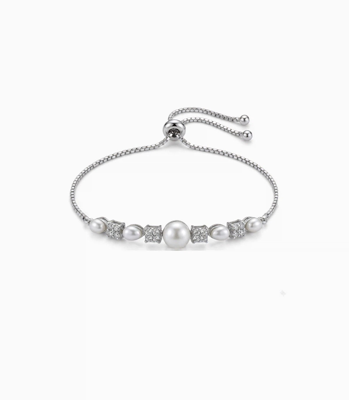 Rhodium Plated Pearl-Floral Cluster Bolo Bracelet