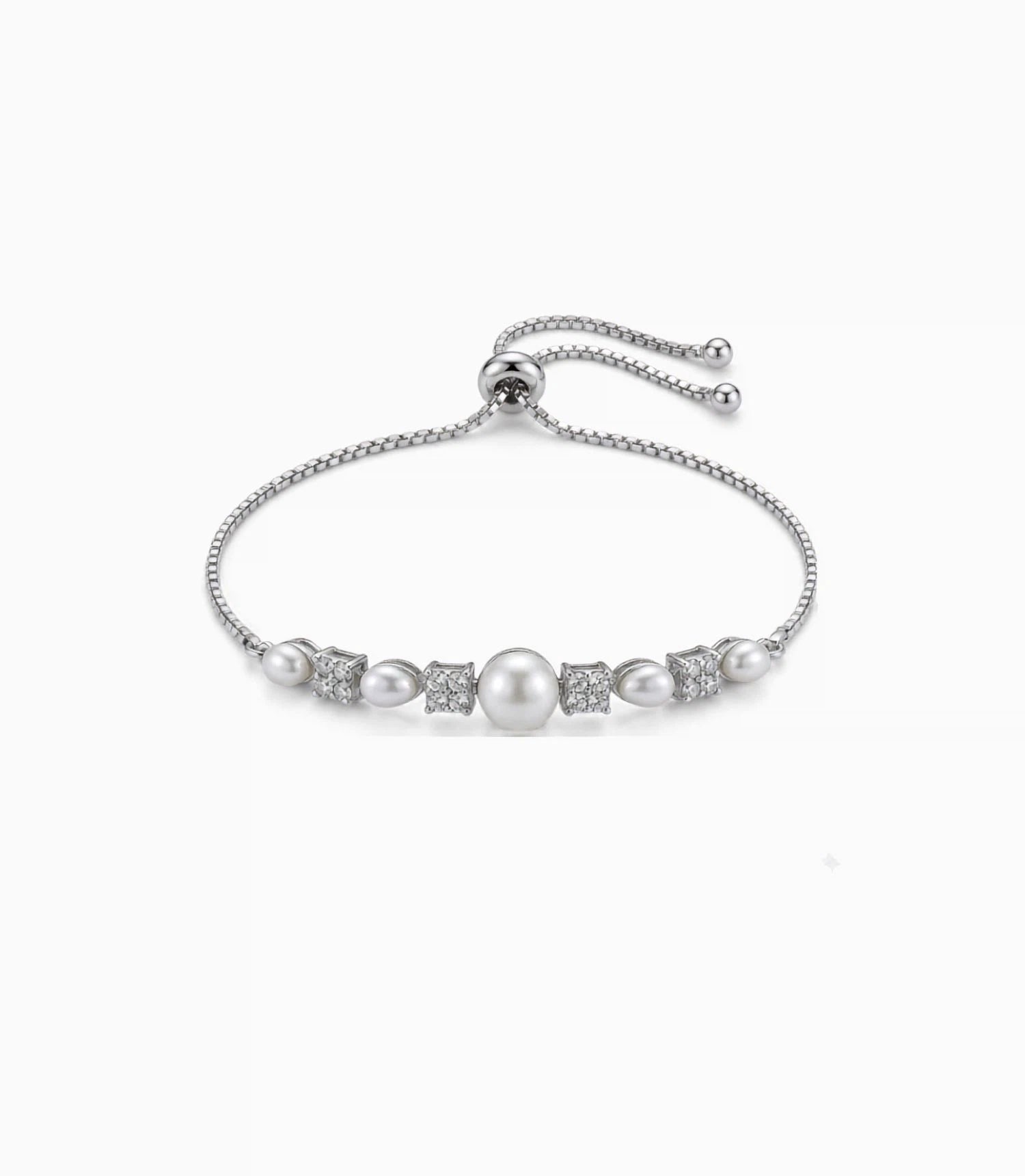 Rhodium Plated Pearl-Floral Cluster Bolo Bracelet