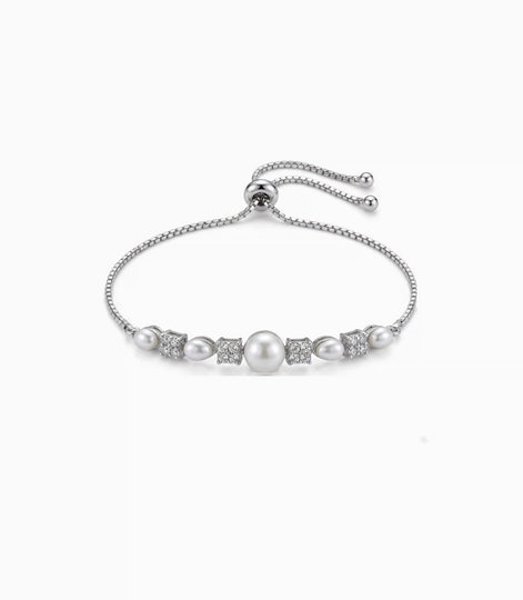 Rhodium Plated Pearl-Floral Cluster Bolo Bracelet