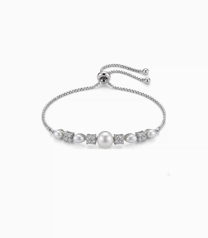 Rhodium Plated Pearl-Floral Cluster Bolo Bracelet