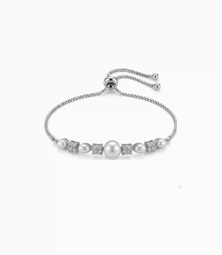 Rhodium Plated Pearl-Floral Cluster Bolo Bracelet