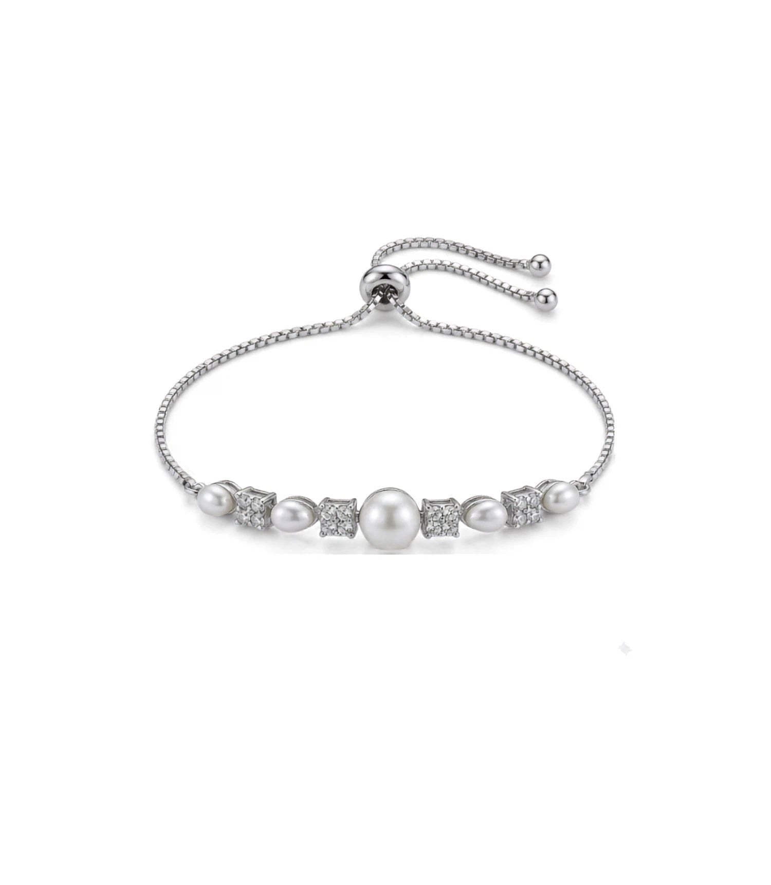 Rhodium Plated Pearl-Floral Cluster Bolo Bracelet