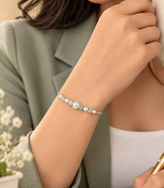Rhodium Plated Pearl-Floral Cluster Bolo Bracelet