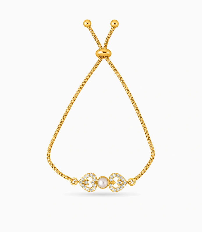 Gold Plated Pearl Dual Heart AD Bolo Bracelet