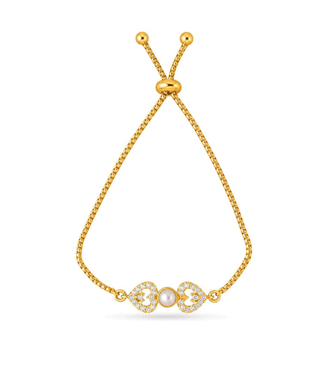 Gold Plated Pearl Dual Heart AD Bolo Bracelet