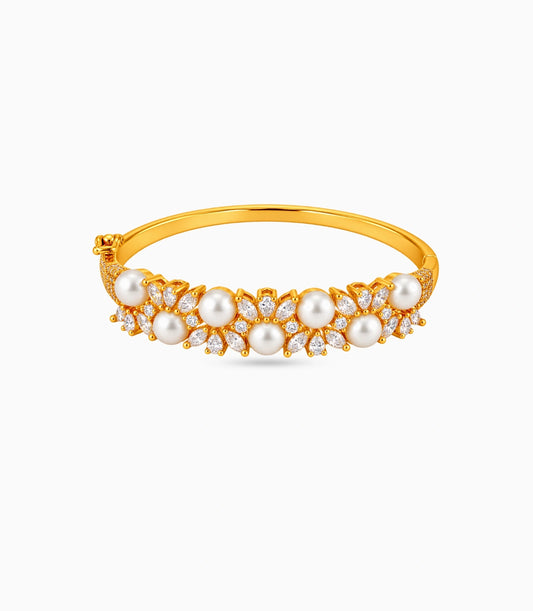 Gold Plated Pearl & Marquise AD Flexible Bracelet