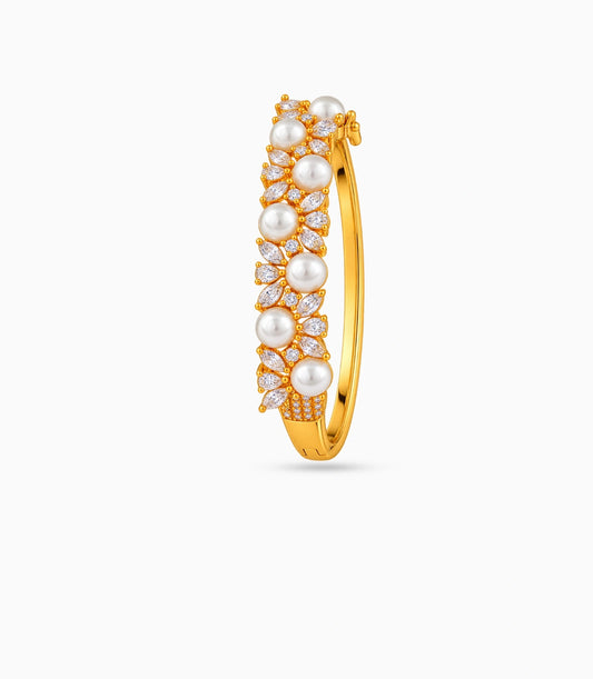Gold Plated Pearl & Marquise AD Flexible Bracelet