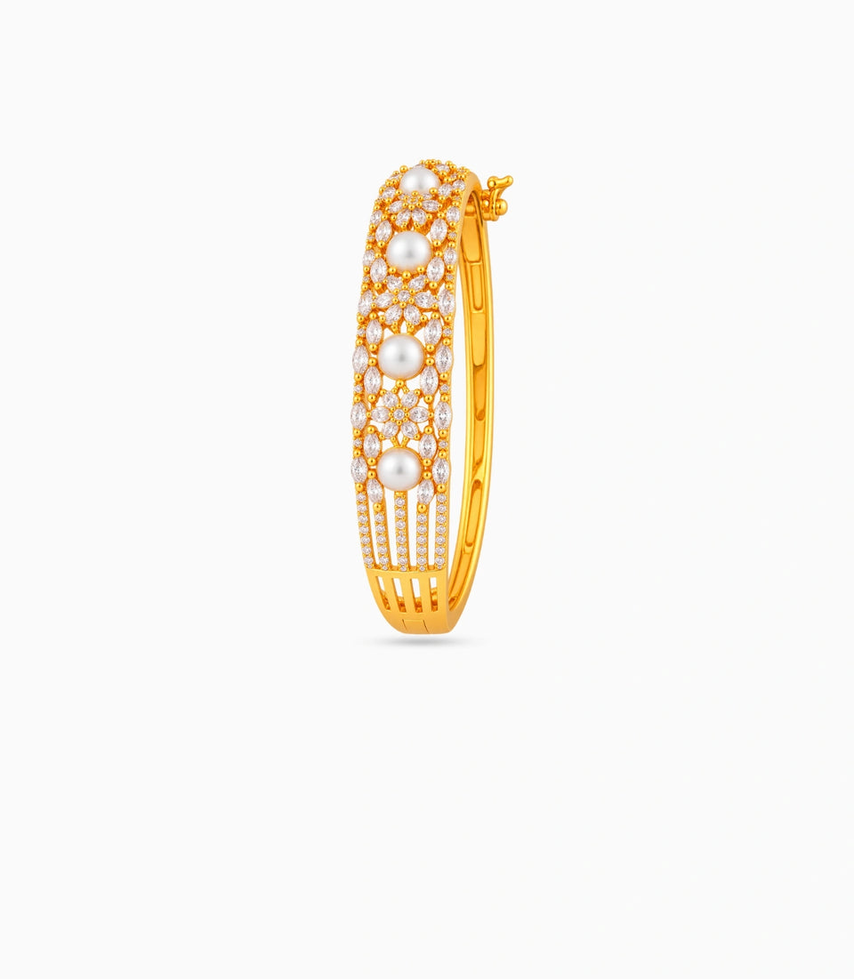 Gold Plated Pearl & Floral Marquise AD Flexible Bracelet