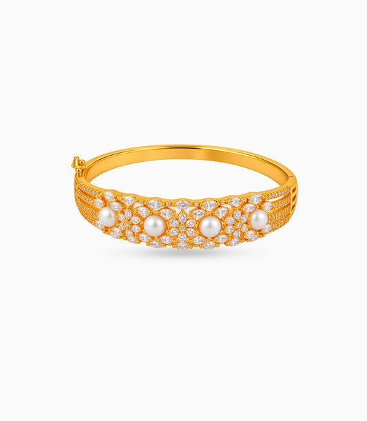 Gold Plated Pearl & Floral Marquise AD Flexible Bracelet